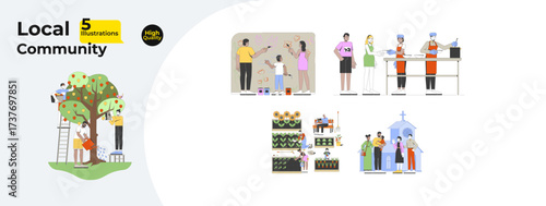 Local community volunteering and gardening cartoon flat illustrations mega bundle. Painting mural. Soup kitchen. Harvesting, church 2D images isolated on white. Collection vector drawings colorful