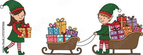 Christmas elves carrying gifts, holiday sleigh full of presents, cute cartoon characters, festive season illustration, Santa helpers delivering colorful packages