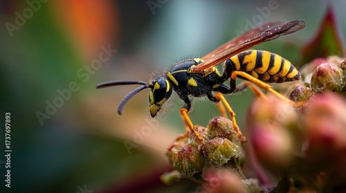 Yellow and black wasp on plant