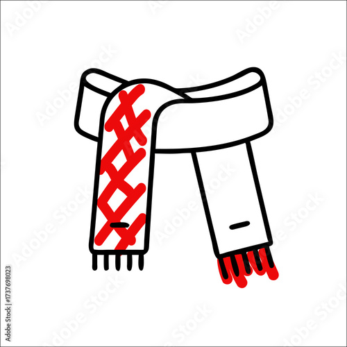 Knitted winter scarf with orange braid pattern and fringe, line art vector. Warm accessory for the cold season. For sticker, label, apparel print, website