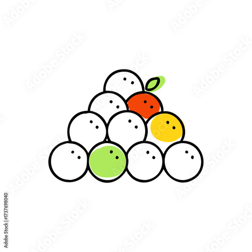 Funny fruit face icon with oranges, apple, and citrus circles stacked in pyramid, vector clipart for healthy food projects, stickers, and labels