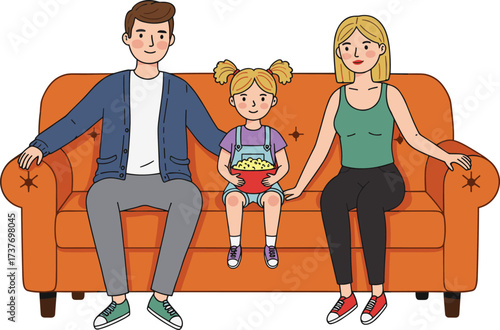 Happy family sitting on sofa together, parents with daughter eating popcorn, family time illustration, modern lifestyle concept, cartoon design image