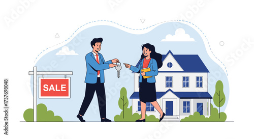 Real estate agent handing over house keys to new homeowner in front of a sold property.