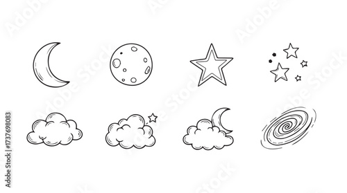 Hand drawn celestial icons set featuring moon stars clouds galaxy for cosmic designs vector