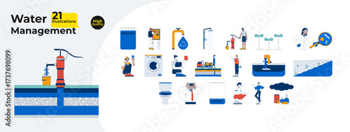 Water management and sustainability cartoon flat illustrations mega bundle. Supply demand, recycling, utility, scientific testing 2D images isolated on white. Collection vector drawings colorful