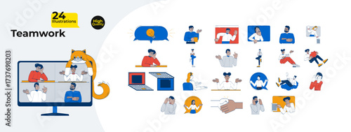 Remote employees teleworking doodle cartoon illustrations mega bundle. Work from home. Digital tech freelancers. Telecommuting adults 2D doodleart hand-drawn. Collection vector drawings colorful