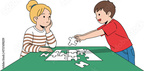 Kids solving puzzle game, boy helping girl with pieces, children teamwork activity, learning play, fun family time, educational illustration