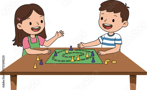 Kids playing board game, boy and girl fun activity, family entertainment, teamwork learning, children smiling, educational playtime, friends enjoying game