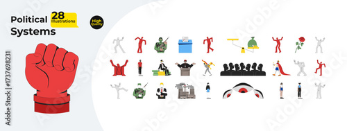 Political ideologies and marionette puppets cartoon flat illustrations mega bundle. Activism, election, monarchy, military, propaganda 2D images isolated on white. Collection vector drawings colorful