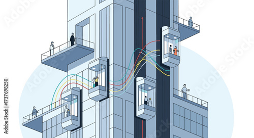 Modern high-rise building with advanced elevator systems and people interacting across levels.