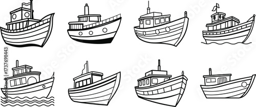 Collection of eight hand drawn black and white sketches of various fishing boats and vessels