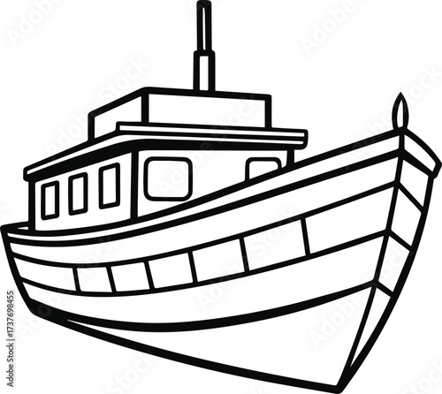 Simple outline drawing of a fishing boat or tugboat on a white background
