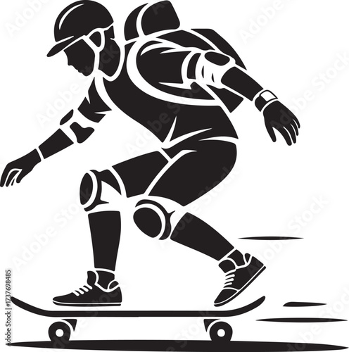 Silhouette of a skateboarder wearing protective gear in motion skateboarding skater