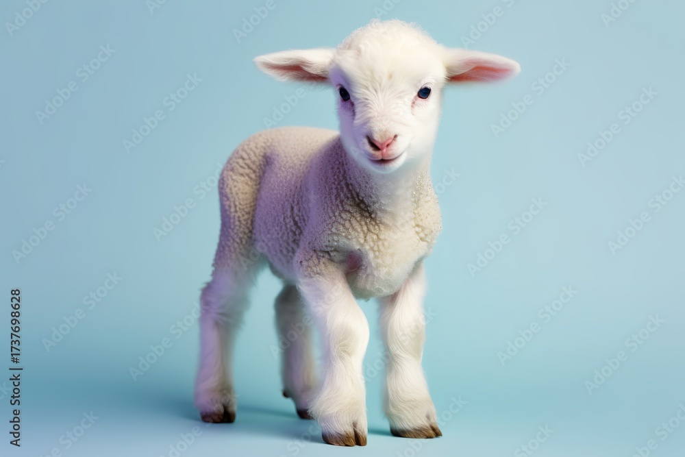 Fototapeta premium Animal creative concept on pastel blue background. Small baby domestic animal, cute baby white sheep, little lamb 
