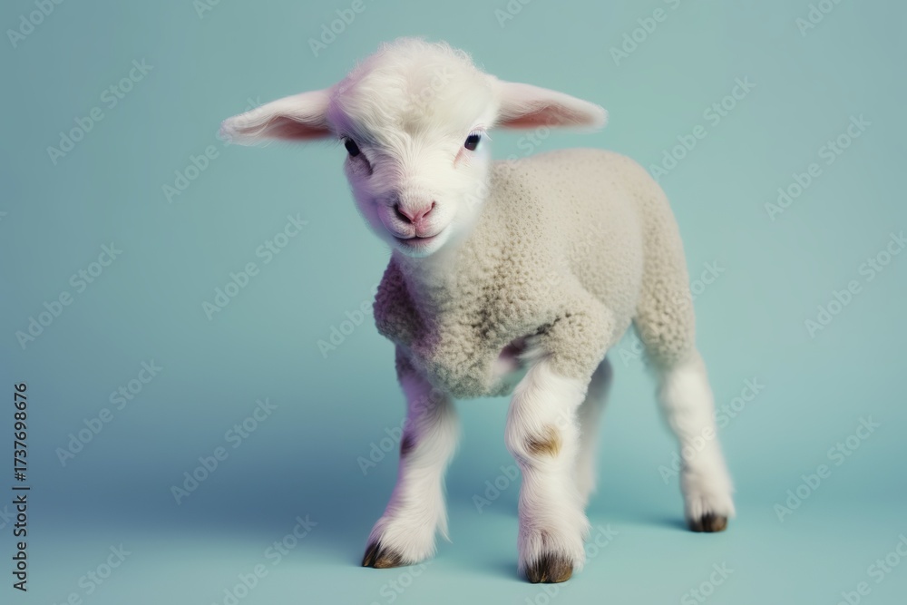 Fototapeta premium Animal creative concept on pastel blue background. Small baby domestic animal, cute baby white sheep, little lamb 