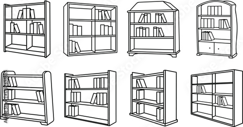Collection of eight different styles of antique and modern wooden bookshelves filled with books