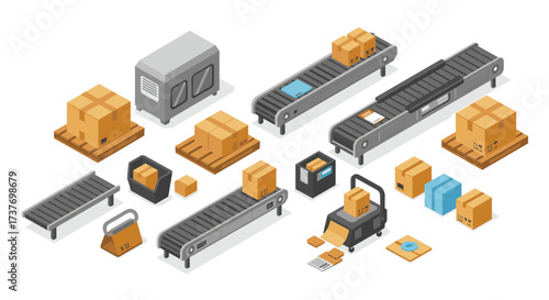 Isometric warehouse conveyor system with packages and boxes in motion