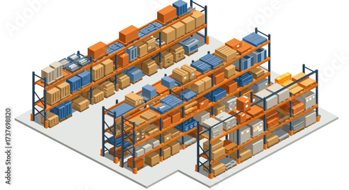 Isometric warehouse shelving with boxes and packages for logistics and storage solutions