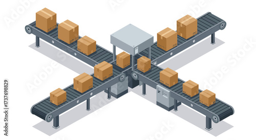 Automated factory conveyor system with cardboard boxes in modern isometric design