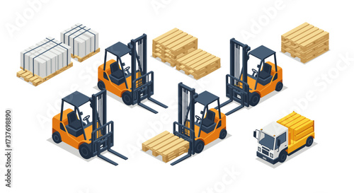 Isometric forklift and pallet set with delivery truck for warehouse and logistics scenes