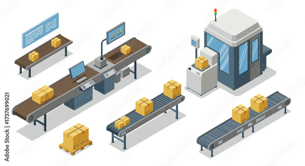 Obraz premium Isometric package sorting facility with conveyor belts and control station