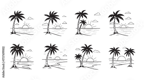 Serene tropical beach scenes with palm trees and ocean reflections hand drawn style vector