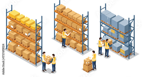 Warehouse operations and logistics management in isometric style