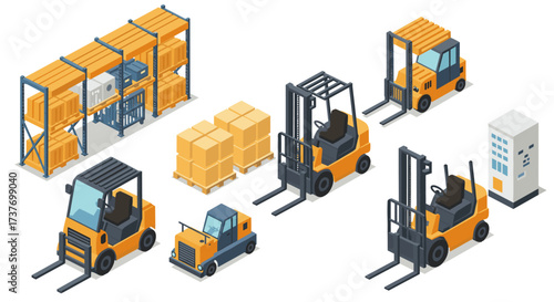 Isometric industrial logistics forklifts and pallet display