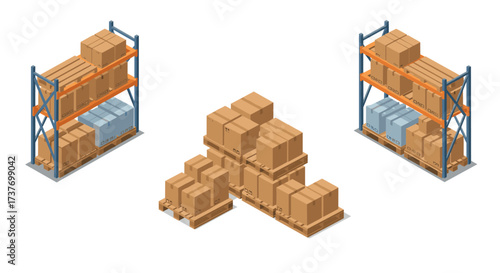 Isometric warehouse shelving with cardboard boxes on pallets