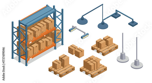 Industrial warehouse setup with shelves, pallets, and lighting elements in isometric design