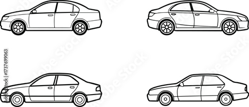 Four hand drawn sketches of sedans in profile view isolated on white background