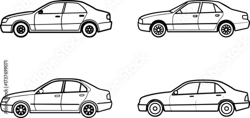 Four outline drawings of sedans viewed from the side in a grid layout