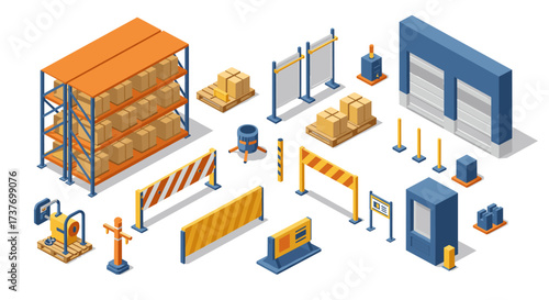 Isometric warehouse equipment and safety barriers for industrial spaces
