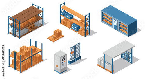 Industrial warehouse storage solutions with isometric racking systems and pallets