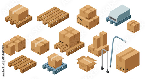 Isometric cardboard boxes and pallets collection for logistics and warehouse design