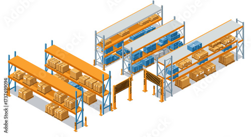 Isometric warehouse shelving with boxes and pallets