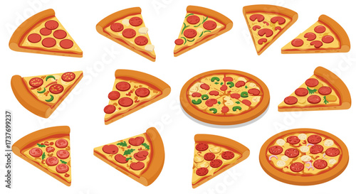 Variety of pizza slices and whole pizzas in colorful cartoon style on white background