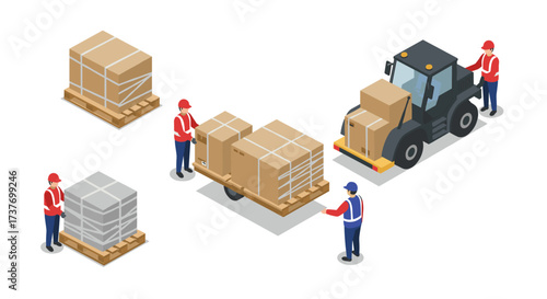 Isometric warehouse logistics scene with workers and forklift loading boxes