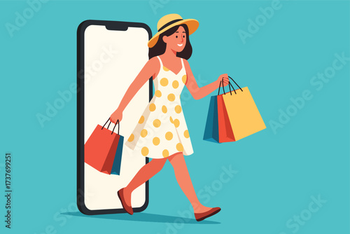 Fashionable woman in sunhat and polka‑dot dress carrying shopping bags from smartphone screen, illustrating e‑commerce, summer fashion, online retail, digital lifestyle and consumer joy.