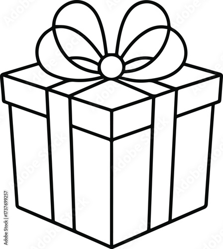 Simple hand drawn outline of a gift box with a ribbon and bow on a white background
