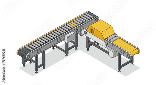 Industrial conveyor belt system in isometric design for factory automation