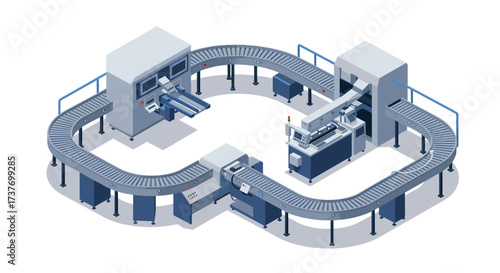 Isometric conveyor belt system with advanced machinery for modern factories