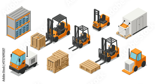 Isometric warehouse equipment set featuring forklifts, pallets, and delivery trucks