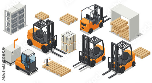 Isometric forklifts and warehouse equipment scene with pallets and boxes