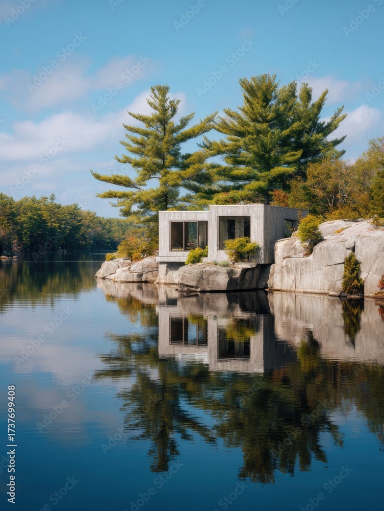 Obraz premium A modern cabin sits on a rocky outcrop beside a tranquil lake, with reflections captured in the water under a clear blue sky and green trees.