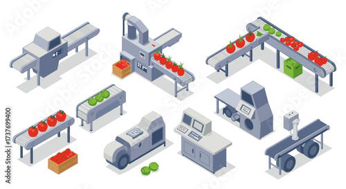 Isometric factory automation with conveyor belts and food processing equipment