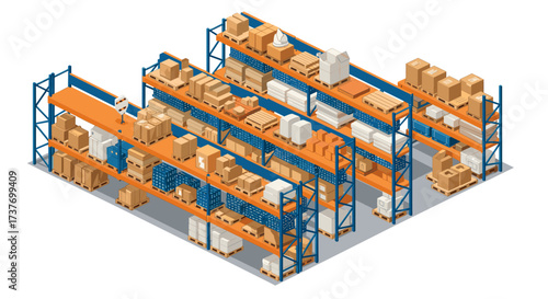 Isometric warehouse with organized shelving and cardboard boxes