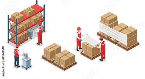 Warehouse workers handling goods with packaging and logistics equipment in isometric style