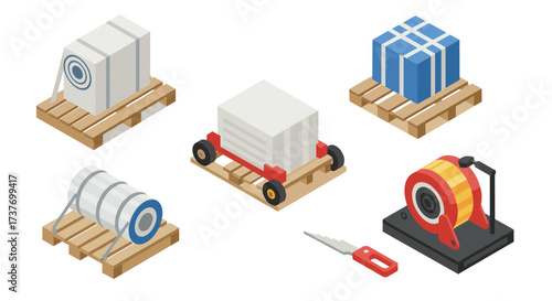 Warehouse equipment and tools isometric set with pallet, packages, and tape dispenser