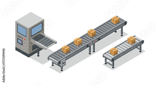 Isometric warehouse conveyor system with moving parcels and packing machine